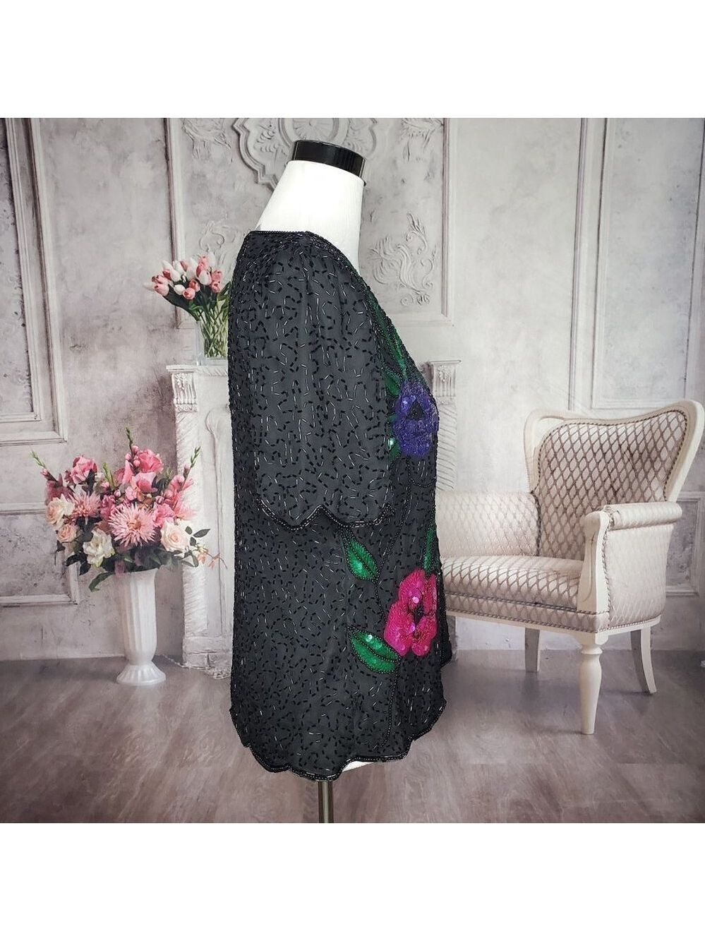 LAWRENCE Kazar 100% Pure Silk Black Lined Sequins Beads Party Blouse Size Medium - Picture 6 of 9